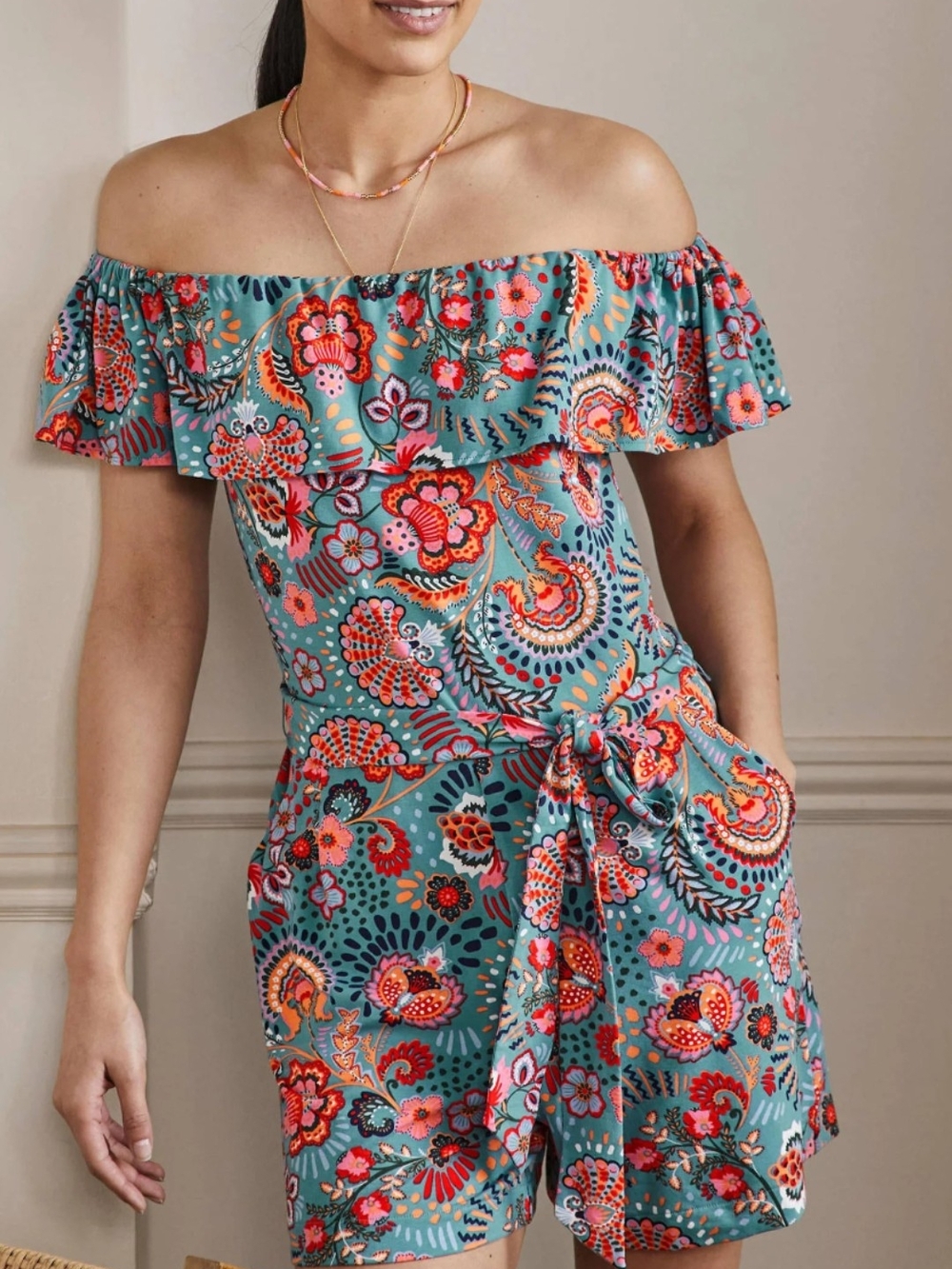 Boden Teal Floral Off-Shoulder Tie-Waist Romper